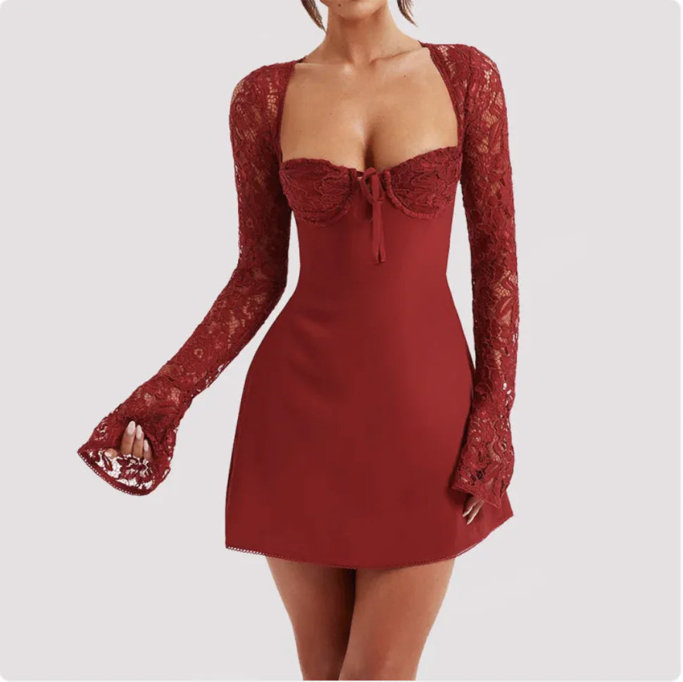 Women's Lace Corset Long Sleeve Backless Dress