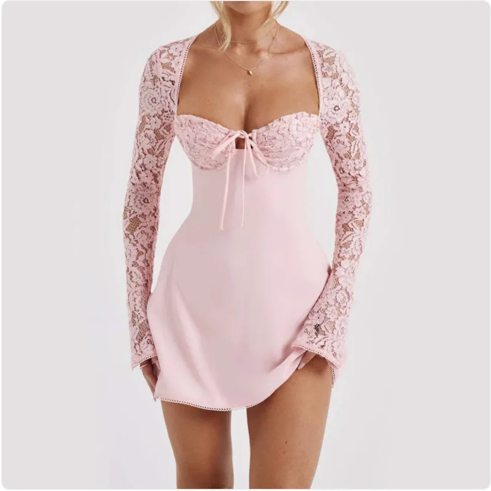 Women's Lace Corset Long Sleeve Backless Dress